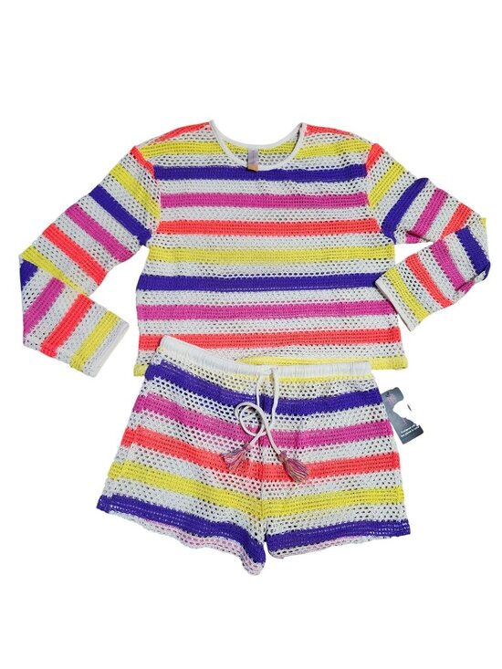 No Boundaries Other - No Boundaries Women's Large Neon Crochet Stripe Festival Beach Swim Cover Up Set